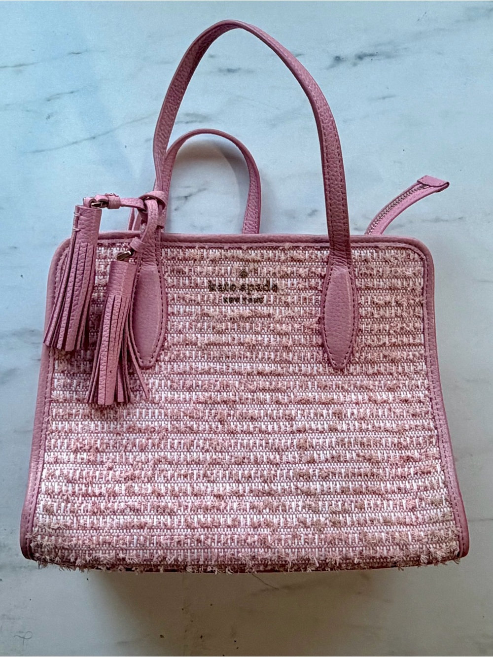 Kate Spade Rowe Summer Tweed Pink Satchel Leather Tassel Handbag